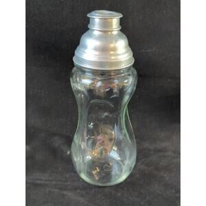 Art Deco Glass Pinched Sides Cocktail Shaker Aluminum Lid & Cap